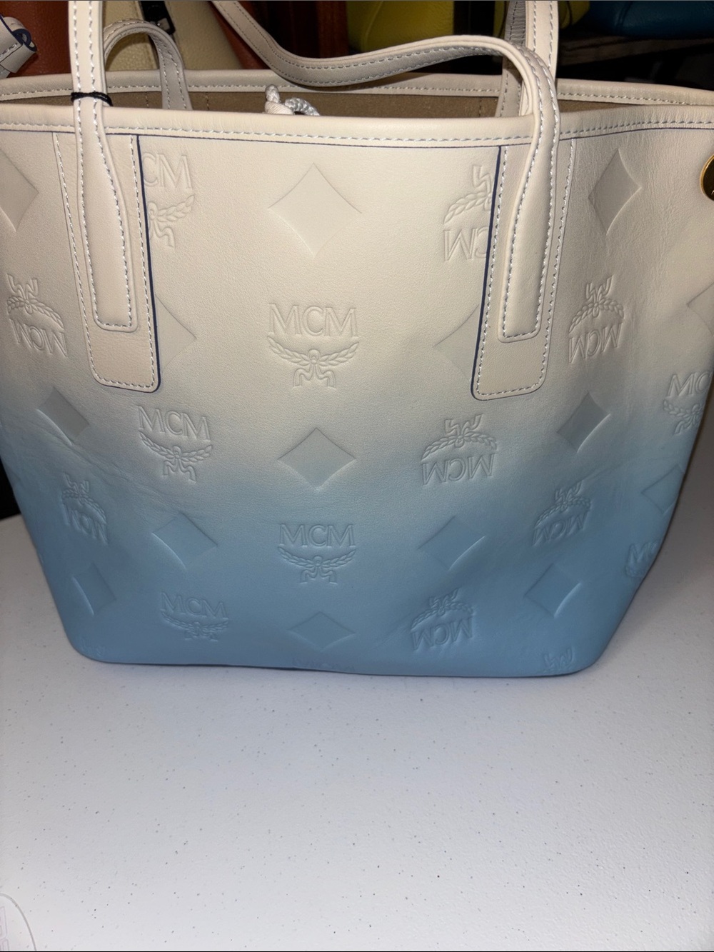 MCM White to Light Blue Ombre Embossed Leather Tote